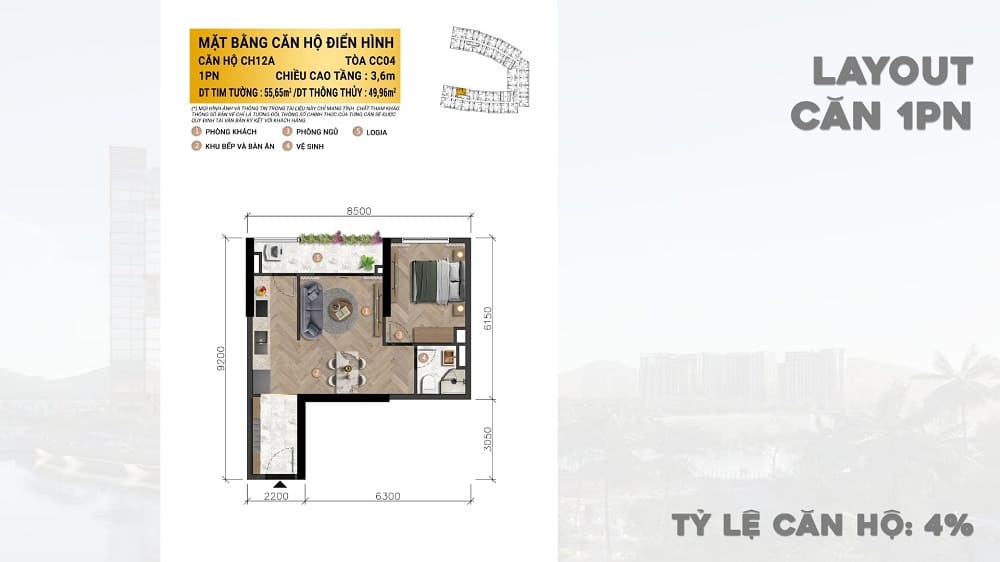 Thiết kế công năng căn 1 phòng ngủ hiện đại