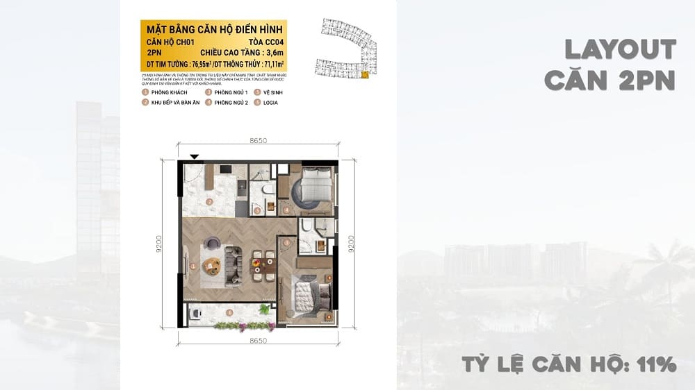 Thiết kế căn 2 phòng ngủ rộng rãi, hiện đại
